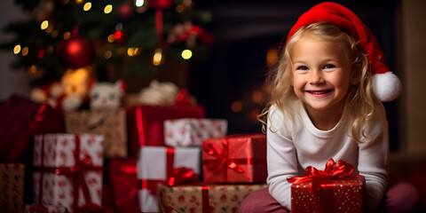 Fototapeta na wymiar Happy and cute little girl holding Christmas present, blurred background with lights and fireplace