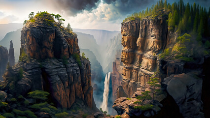 High Cliffs with Waterfall and Storm