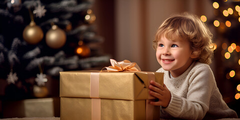Fototapeta na wymiar Portrait of a cute little caucasian boy opening his Christmas presents, blurred background with lights 