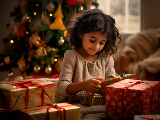 Fototapeta na wymiar Cute little girl unwrapping Christmas gift, blurred background with lights