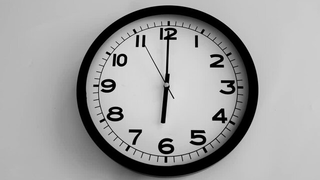 Closeup of White Clock Face on white wall clock, arrows show 18.00 or 06.00