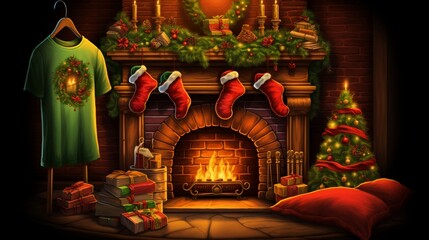 A Christmas shirt adorned with a cozy fireplace, stockings hung with care, and a festive wreath, exuding warmth and holiday spirit.