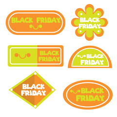 Collection of yelow and orange stickers with the words black friday