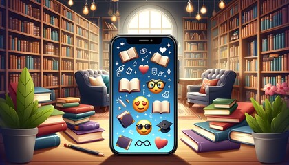 Smartphone with Book Emojis in Cozy Library