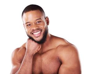 Cosmetics, portrait and black man with skincare, muscle and wellness isolated on a png transparent...