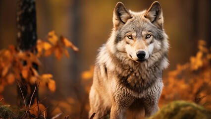 Photographer photo of a gray wolf in the wild - obrazy, fototapety, plakaty