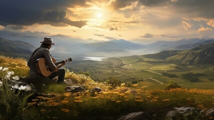 Man with guitar on the mountain
