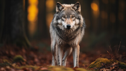Naklejka na ściany i meble Photographer photo of a gray wolf in the wild