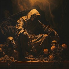 AI generated illustration of a hooded skeleton seated on a throne surrounded by skulls - obrazy, fototapety, plakaty