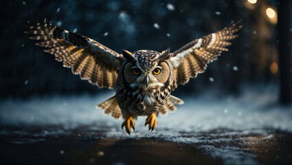 Gufo (Asio otus) vola di notte in una foresta in inverno durante una nevicata