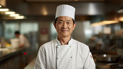 Asia male chef wearing chef's uniform on kitchen background