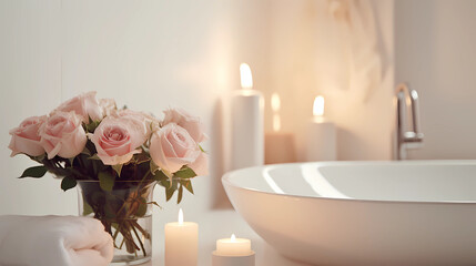 Obraz na płótnie Canvas Relaxing in Style: White Bathroom with Candles, Roses, and Zen Ambiance