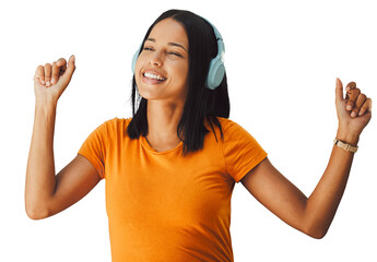 Happy woman, headphones and dance listening to music isolated on a transparent PNG background....