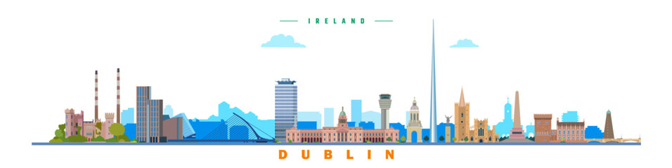 Dublin city landmarks vector illustration on white background, Ireland - obrazy, fototapety, plakaty