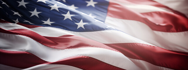 USA's iconic flag blowing in wind, horizontal banner, image embodies American spirit and concept of independence and democracy