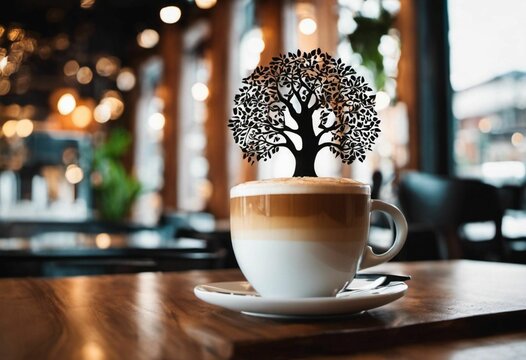 AI generated illustration of a cup of cappuccino with a creative latte art with a tree