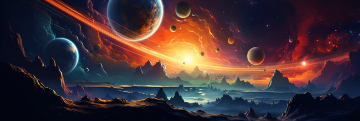 Landscape of an alien planet, view of another planet with stars and nebulas, science fiction cosmic...