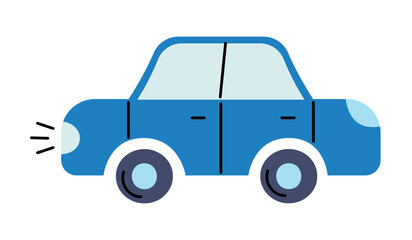 Simple Car rides for kids. Transport Side view. Four wheelers. Children funny drawing. Color image, shades of blue. Isolated object. Cartoon style. Vector illustration.