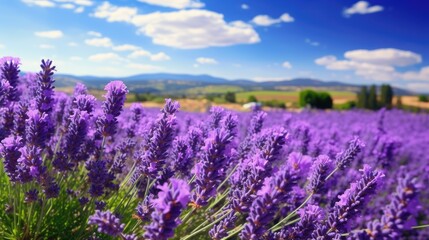 Obraz premium a field full of purple flowers under a blue sky with a mountain range in the distance in the distance is a blue sky with clouds. generative ai