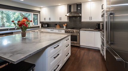 A beautiful modern kitchen with a dark marble plate