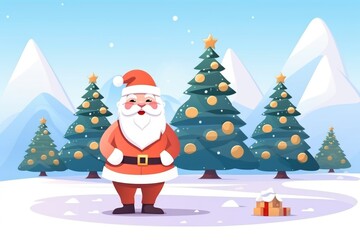 Happy smiling Santa Claus near decorated fir trees and snowy mountains in the background. Merry Christmas and Happy New Year