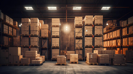 Storage Facility with Stacked Cardboard Boxes and Shelving