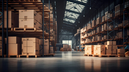 Industrial Warehouse Interior with Cardboard Boxes and Shelves