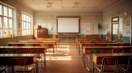 Sunlit and fashionable school classroom, adorned with light-colored walls and hanging blackboards, chairs and tables neatly arranged in room