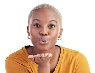 Portrait, woman and blow kiss for love, care and romantic flirting isolated on transparent png...