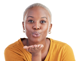 Portrait, woman and blow kiss for love, care and romantic flirting isolated on transparent png background. Face of african model kissing air with hands for emoji, reaction and date on valentines day