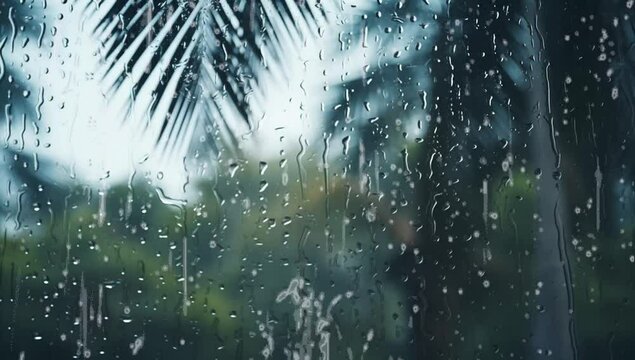 rain drops falling on window palm leaves outside