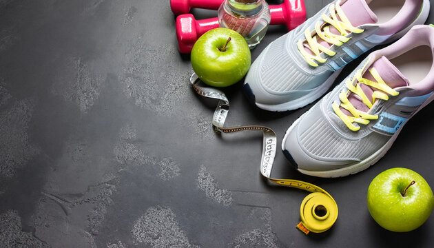 Fitness concept with sneakers dumbbells pomelo bottle of water apple and measure tape on black concrete background