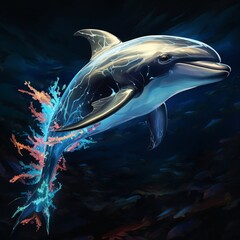 Bioluminescent dolphin barrier reef algae beach illustration picture AI generated art