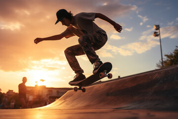 A close-up of a skateboarder performing tricks at a skate park, portraying the Concept of alternative transportation and urban sports. Generative Ai.