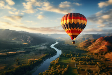 A hot air balloon floating gracefully over a picturesque landscape, capturing the Concept of aerial tourism. Generative Ai. - obrazy, fototapety, plakaty