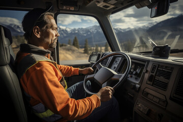 A long-haul truck driver behind the wheel of a semi-truck on an open highway, signifying the Concept of goods transport logistics. Generative Ai.