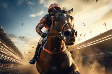 Foto op Canvas A jockey skillfully riding a racehorse around a crowded racetrack, symbolizing the Concept of equestrian sports and racing. Generative Ai. © Sebastian