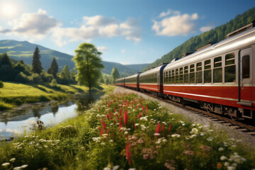 Obraz premium A passenger train making its way through a picturesque countryside, representing the Concept of scenic rail journeys. Generative Ai.