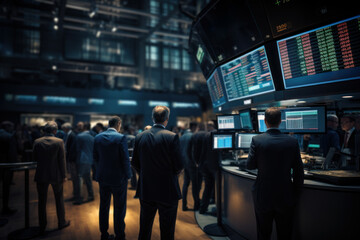 A bustling stock exchange floor with traders signaling buy and sell orders, representing the Concept of financial markets and trading. Generative Ai.