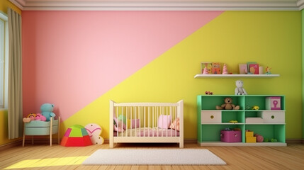 Obraz na płótnie Canvas Children room with bright color wall, interior details. Interior Bedroom Design. generative ai