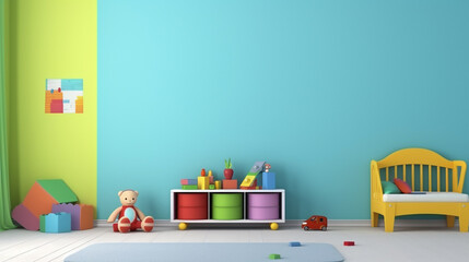 Children room with bright color wall, interior details. Interior Bedroom Design. generative ai