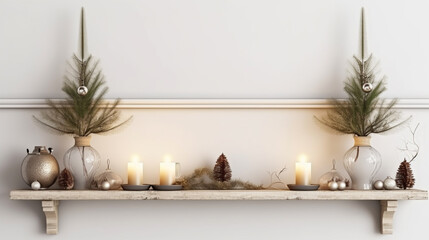 Christmas interior wall mockup with hanging pine branches with holiday decorations. generative ai
