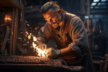 Fototapeta na wymiar A craftsman shaping molten metal in a blacksmith's workshop, showcasing the Concept of traditional craftsmanship and metalworking trade. Generative Ai.