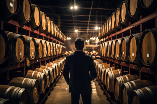 A winemaker inspecting a row of wine barrels in a vineyard cellar, emphasizing the Concept of viticulture and the global wine trade. Generative Ai.