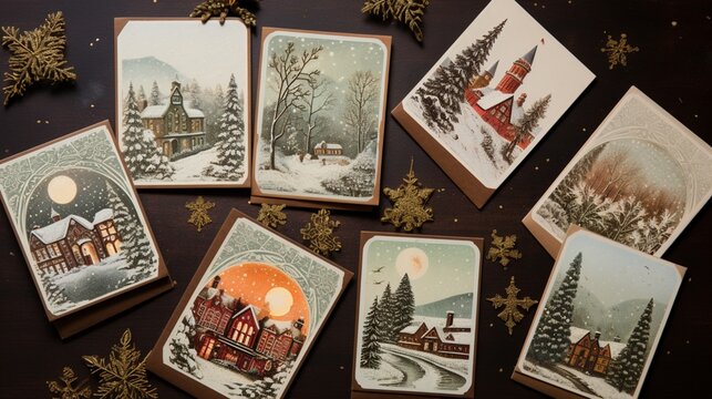 A collection of vintage Christmas cards, each with a unique and intricate design.