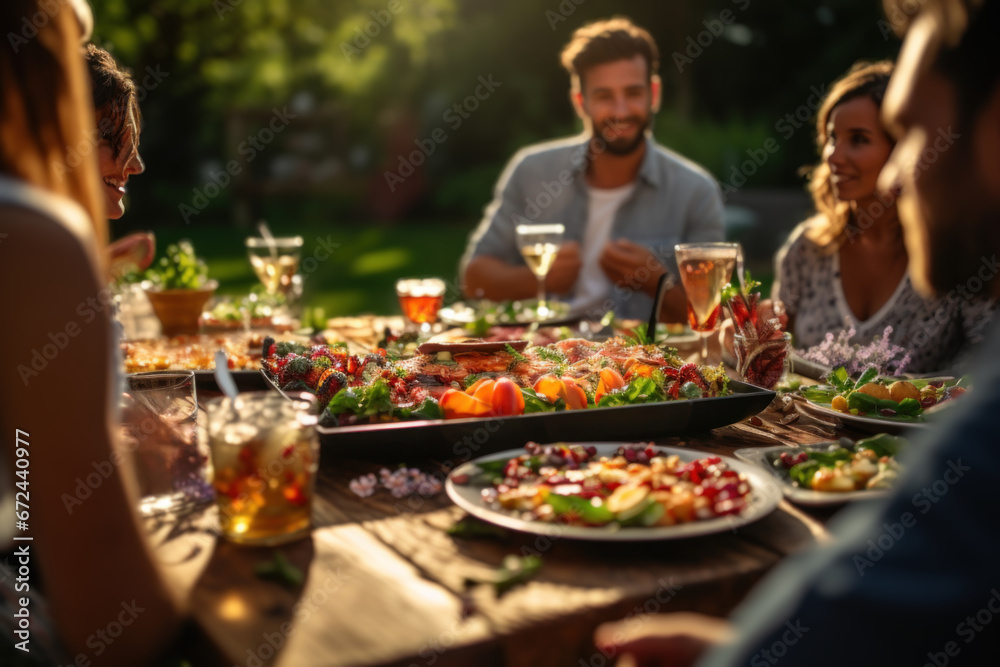 Wall mural a group of friends enjoying a picnic in a park, with a spread of healthy, homemade dishes. concept o