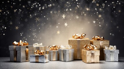 a composition with golden gift boxes placed on a shimmering silver background.