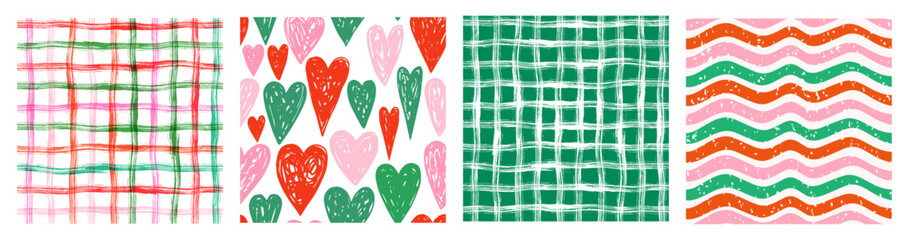Christmas red, green and pink vector seamless patterns, background texture set with plaid design with crossing rough, irregular brush strokes, wavy stripes, checks and hand drawn hearts - 672440937