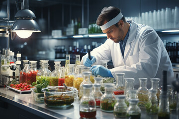A scientist in a lab analyzing food samples for nutritional content. Concept of food testing and...