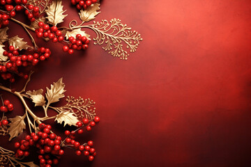 Christmas red and gold holly tree berry branches on red background, winter holiday seasonal decor, copyspace
